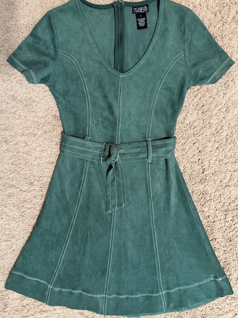 Forest Green Suede-Look Belted Mini Dress